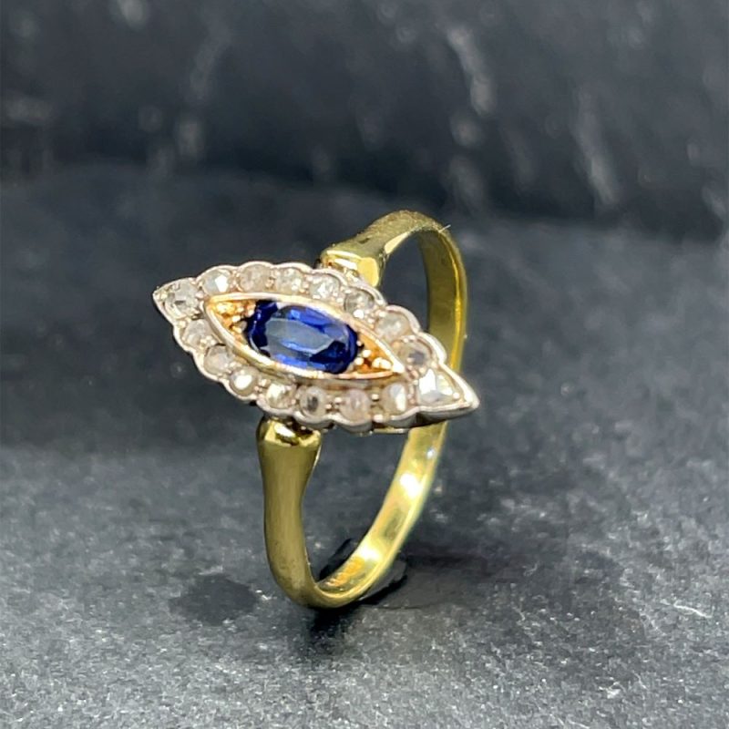 18ct Yellow Vintage Gold Sapphire and Rose Cut Diamond Ring