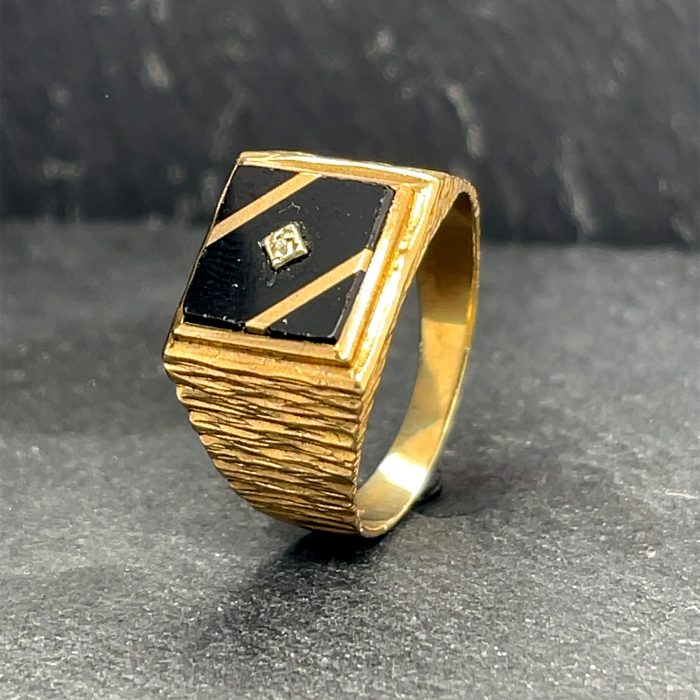 9ct Yellow Gold Square Onyx and Diamond Vintage Signet Ring